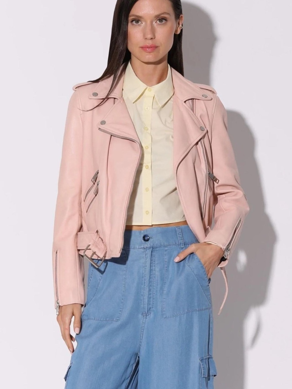 🆕️ Walter Baker Pale Pink Leather Allison Moto Jacket Large NWT!!!